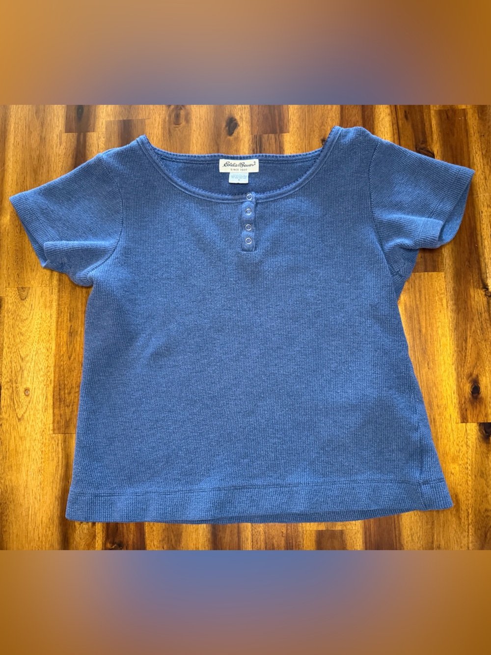 Eddie Bauer Waffle Knit 100% Cotton Short Sleeve Blue Henley Crewneck Top Shirt